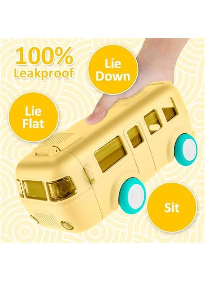 HOOKOR Car Straw Water Cup, 500ML Summer Cute Bus Water Bottle with Shoulder Strap, Leak-Proof Kids Square Drinking Cup Cute Cartoon Water Jug Toy Locking Flip Lid Water Kettle for Kids (Yellow)  - Image 5