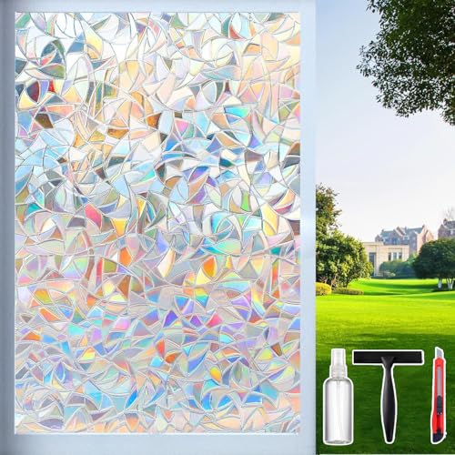 Dwersty Rainbow Window Privacy Film with Cutting Reference Line 3D Decals Stained Glass Clings Static Cling Sticker Suncatcher Windows Cover Tint for Home 175 Inch x 7874 Inch
