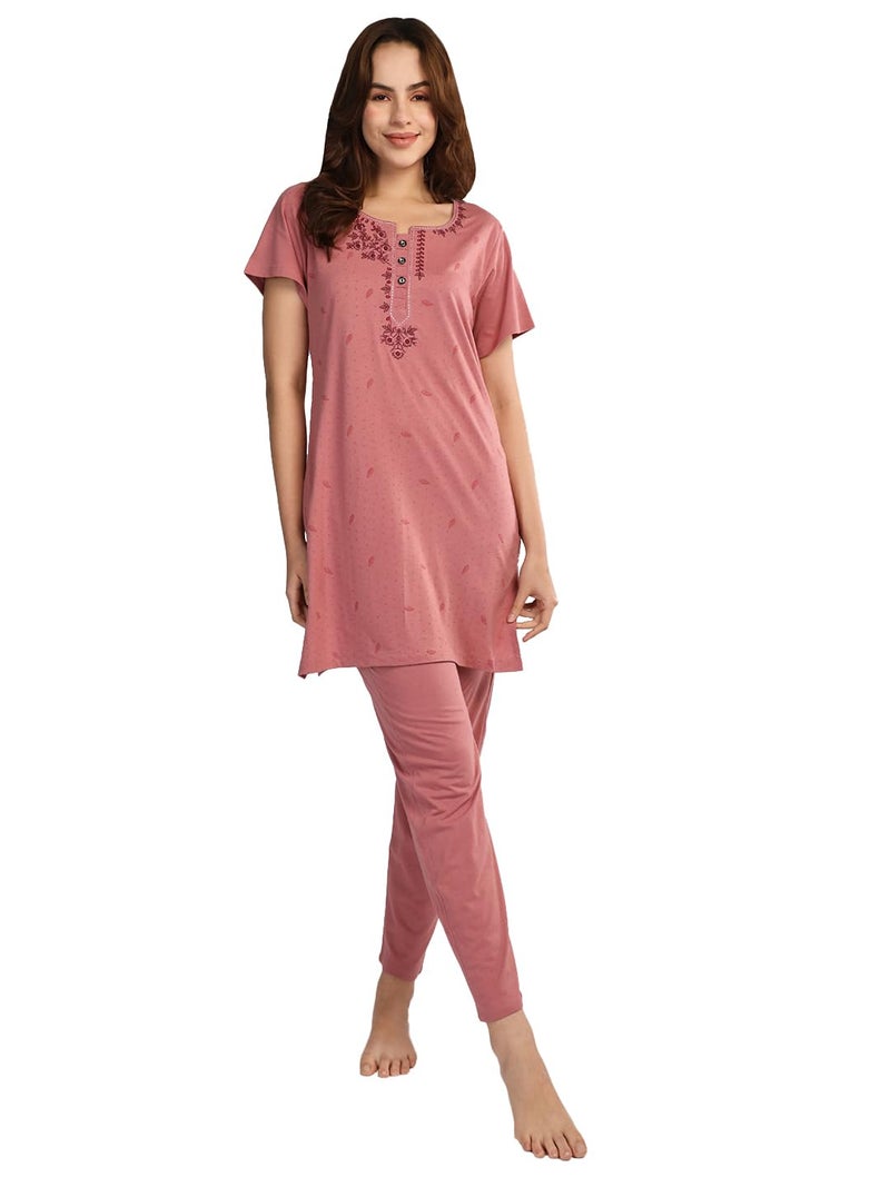 Duchess Women's Cotton Tie & die & Embroided Long Length Night Suit Set Rose-Pink - Image 1
