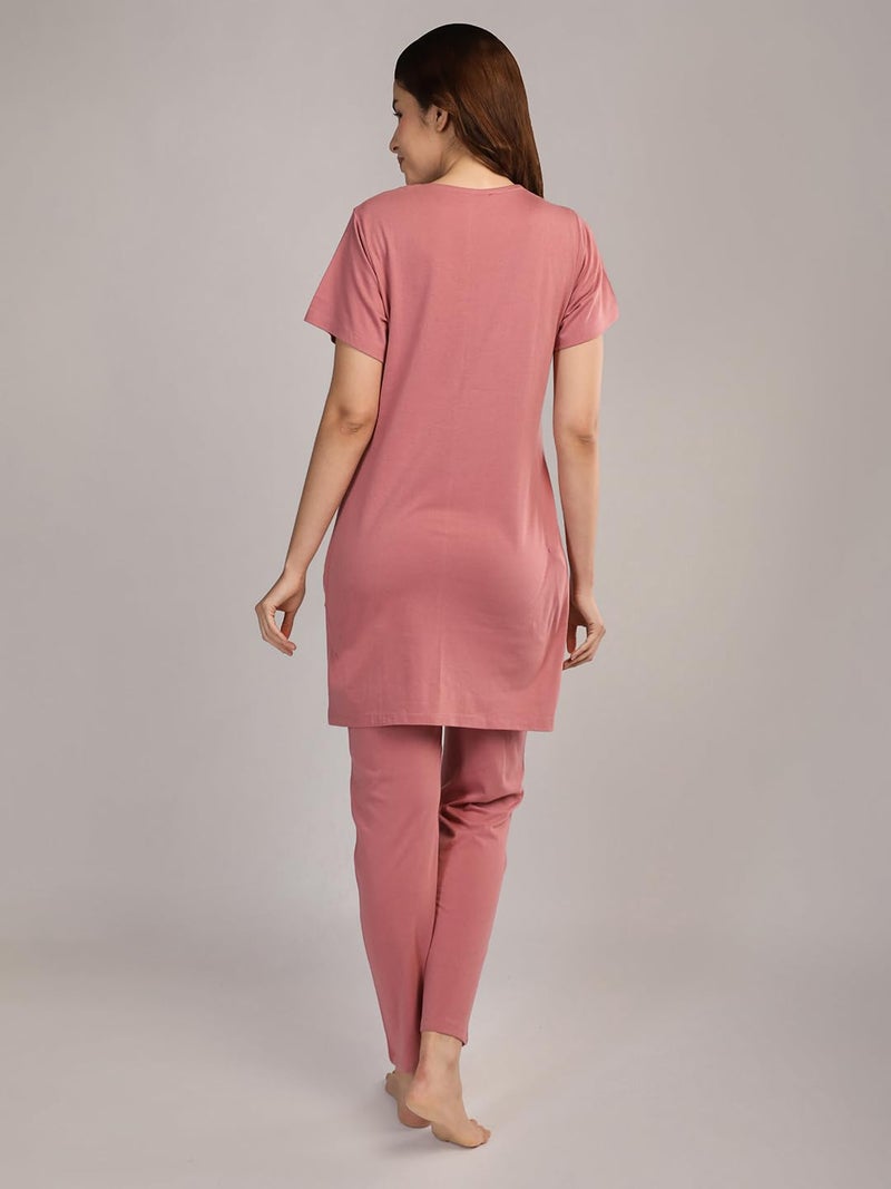 Duchess Women's Cotton Tie & die & Embroided Long Length Night Suit Set Rose-Pink - Image 3