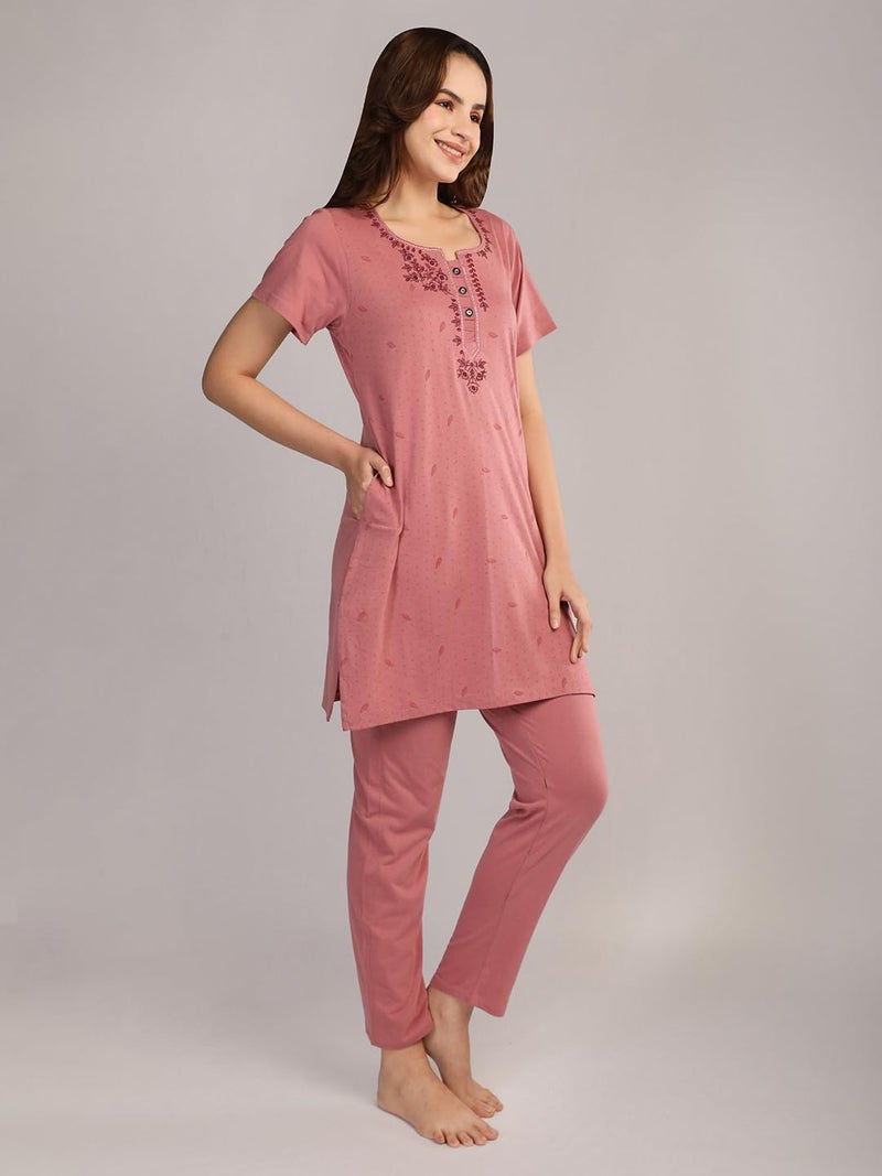 Duchess Women's Cotton Tie & die & Embroided Long Length Night Suit Set Rose-Pink - Image 5
