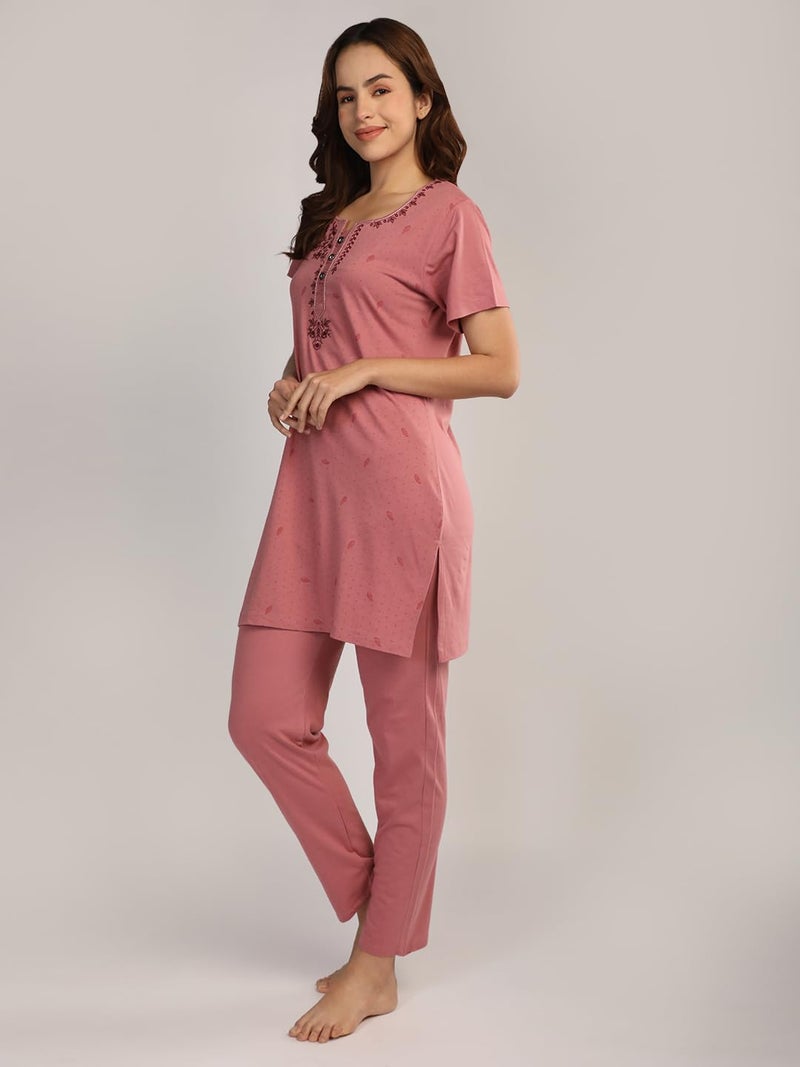 Duchess Women's Cotton Tie & die & Embroided Long Length Night Suit Set Rose-Pink - Image 4