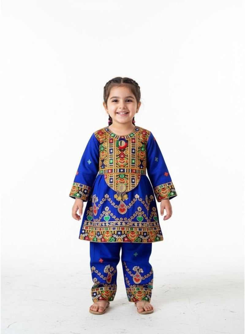 Baby Girl's Afghani Anarkali Dress Outfit, Blue Embroidered, 1-3 Years - Image 2
