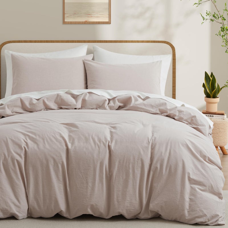 LOVQUE Bedding Duvet Cover Queen Size, 100% Washed Cotton Linen Like Natural Bedding Set with Zipper Closure (No Comforter), 90x90, Light Linen Grey - Image 1