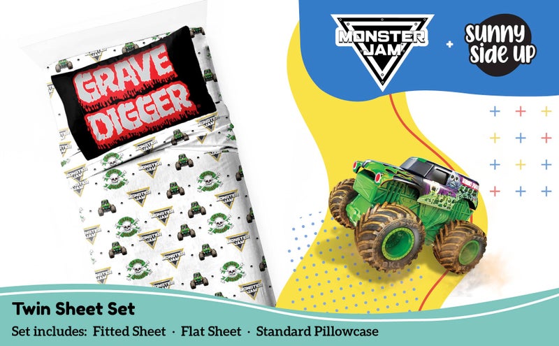 Sunny Side Up Monster Jam Grave Digger Twin Sheet Set - 3 Piece Kids Bedding Set includes Pillow Cover - Super Soft Microfiber Sheets - Image 2