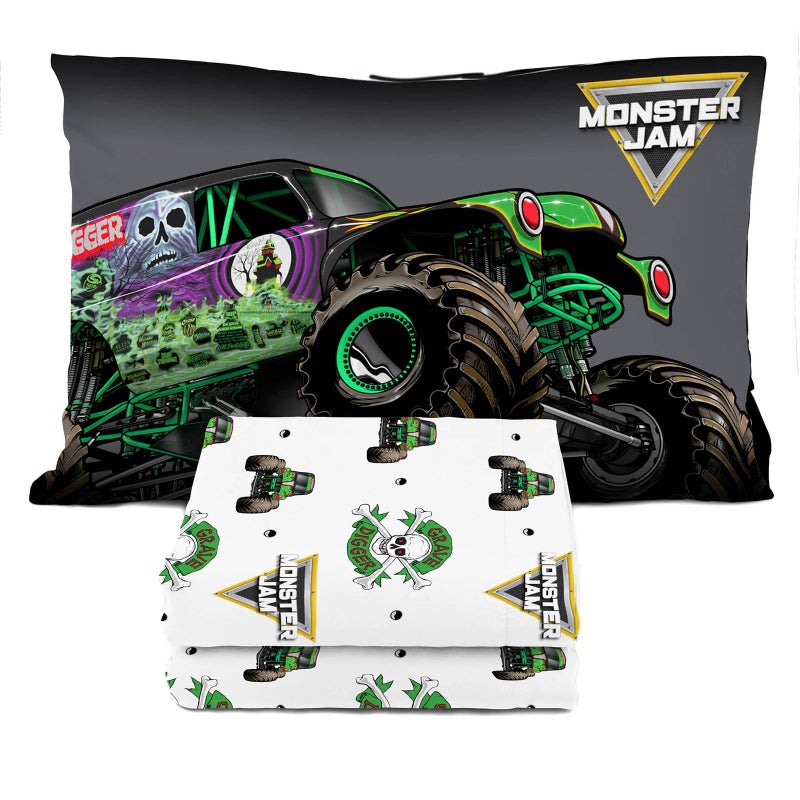 Sunny Side Up Monster Jam Grave Digger Twin Sheet Set - 3 Piece Kids Bedding Set includes Pillow Cover - Super Soft Microfiber Sheets - Image 1