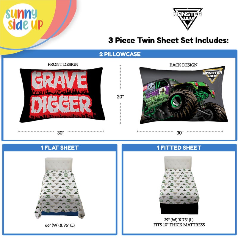 Sunny Side Up Monster Jam Grave Digger Twin Sheet Set - 3 Piece Kids Bedding Set includes Pillow Cover - Super Soft Microfiber Sheets - Image 3