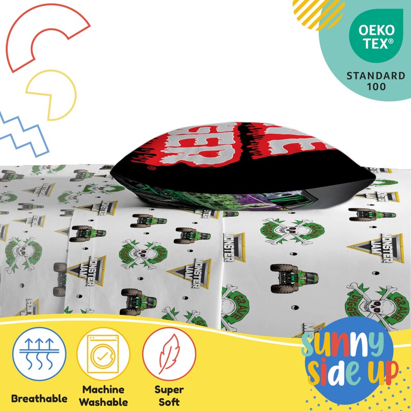 Sunny Side Up Monster Jam Grave Digger Twin Sheet Set - 3 Piece Kids Bedding Set includes Pillow Cover - Super Soft Microfiber Sheets - Image 4