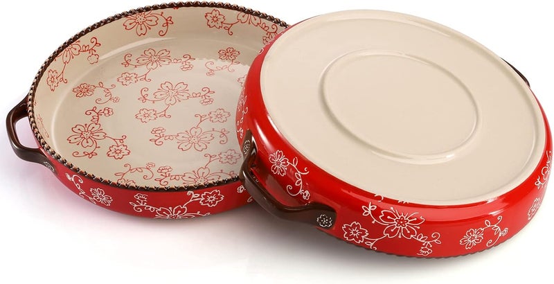 AVLA 2 Pack Ceramic Pie Pan, 9 Inch Round Baking Dish with Double Handle, 28 Ounce Deep Quiche Plate for Kitchen, Cooking, Roasting Lasagna (Sakura, Red) - Image 4