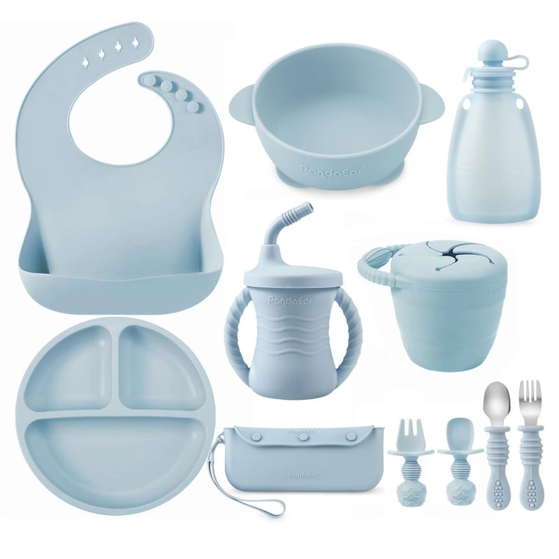 PandaEar Silicone Baby Feeding Set | 11PCS Baby Led Weaning Supplies Self Feeding Utensils | Divided Suction Plate Bowl Bibs Sippy Cup with Baby Food Pouch Snack Container Spoons Forks, Blue - Image 1