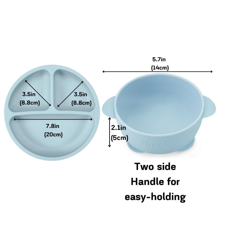 PandaEar Silicone Baby Feeding Set | 11PCS Baby Led Weaning Supplies Self Feeding Utensils | Divided Suction Plate Bowl Bibs Sippy Cup with Baby Food Pouch Snack Container Spoons Forks, Blue - Image 3