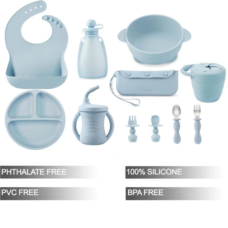 PandaEar Silicone Baby Feeding Set | 11PCS Baby Led Weaning Supplies Self Feeding Utensils | Divided Suction Plate Bowl Bibs Sippy Cup with Baby Food Pouch Snack Container Spoons Forks, Blue - Image 2