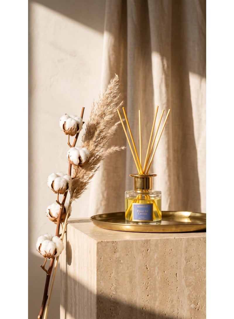 KAMAYA Iris Collection Fleur De Cotton Reed Diffuser 100ml with long lasting Fresh cotton fragrance | Clear glass bottle with gold lid in a beautiful gift box. - Image 1