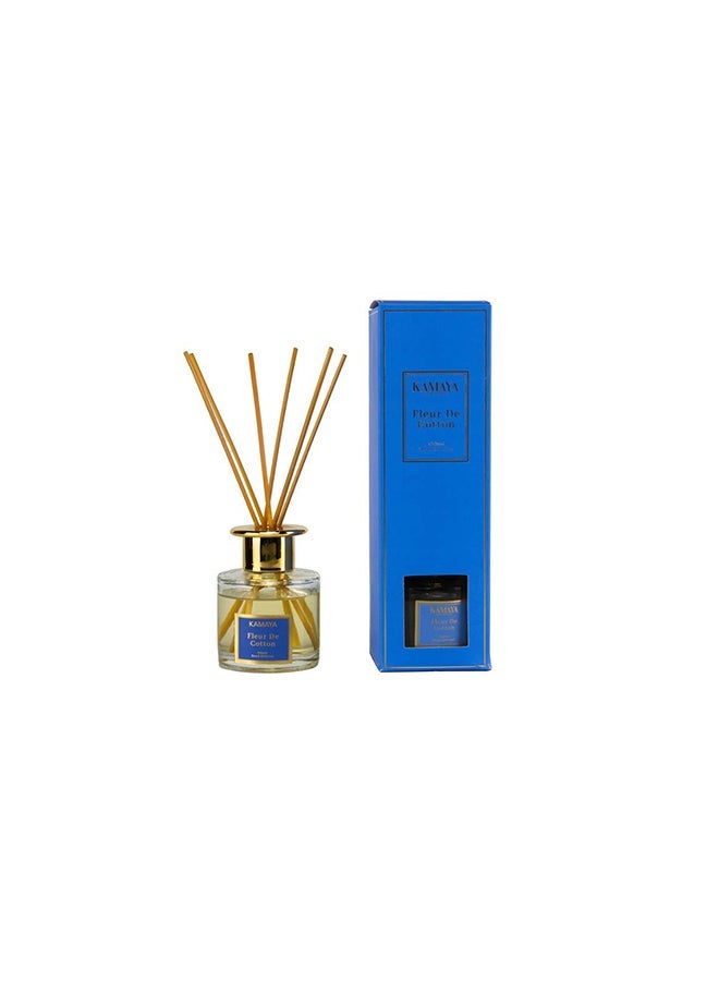 KAMAYA Iris Collection Fleur De Cotton Reed Diffuser 100ml with long lasting Fresh cotton fragrance | Clear glass bottle with gold lid in a beautiful gift box. - Image 2