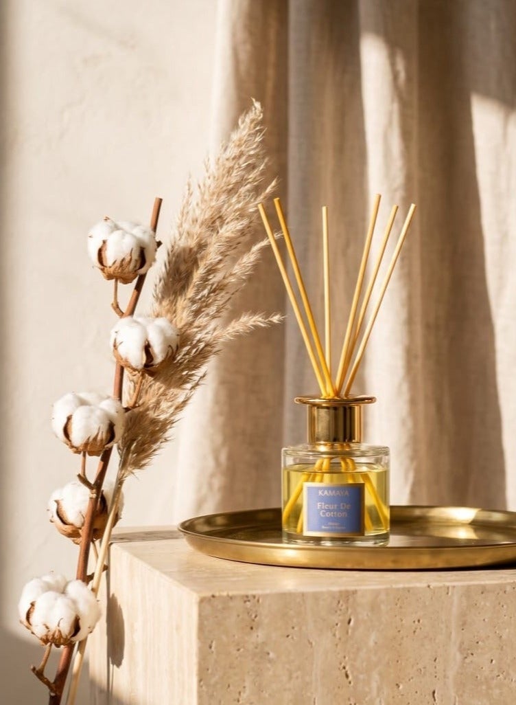 KAMAYA Iris Collection Fleur De Cotton Reed Diffuser 100ml with long lasting Fresh cotton fragrance | Clear glass bottle with gold lid in a beautiful gift box. - Image 1
