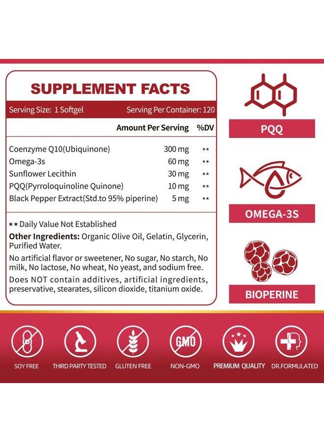 ZEBORA CoQ10-300mg-Softgels with PQQ, BioPerine & Omega-3, 120 Servings Coenzyme Q10 (Ubiquinone) Supplement for High-Absorption, Powerful-Antioxidant, Support Heart-Health & Energy-Production - Image 3