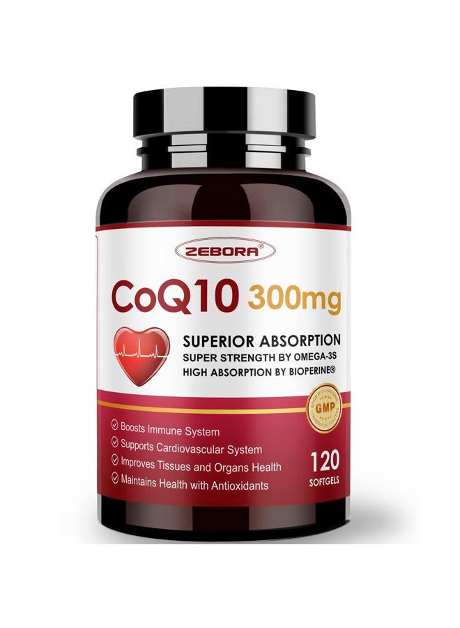 ZEBORA CoQ10-300mg-Softgels with PQQ, BioPerine & Omega-3, 120 Servings Coenzyme Q10 (Ubiquinone) Supplement for High-Absorption, Powerful-Antioxidant, Support Heart-Health & Energy-Production - Image 1