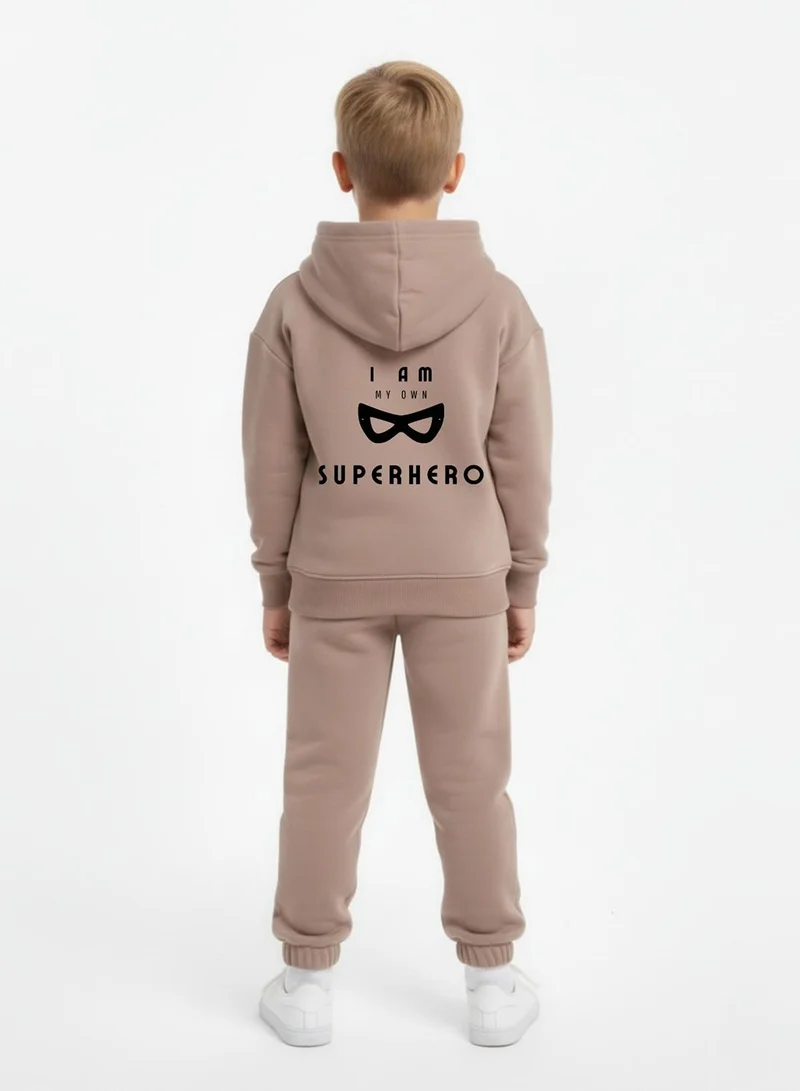 babyqlo Boys Brown Superhero Mask Winter Fleece Tracksuit