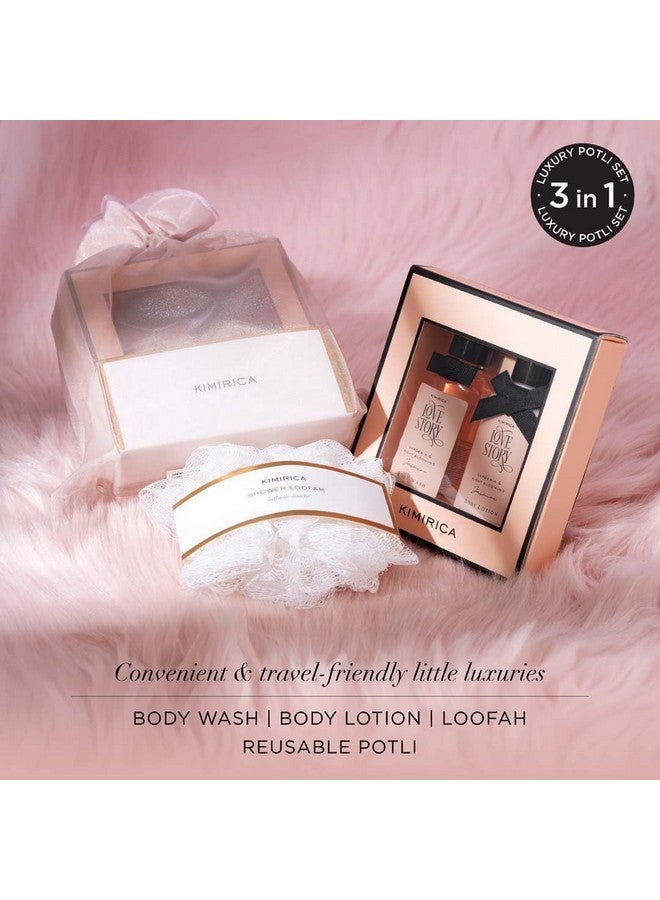 KIMIRICA Gift Set "Nothing But Love Duo" Potli For Family & Friends | Corporate Return Gifts For Employees, Men & Women | Romantic Notes Of Gardenia And Night Blooming Jasmine Shower Gel, Body Lotion With Loofah Inside (Pack Of 2) - Image 2