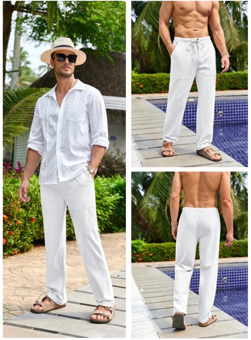 Gafeng Mens Linen Pants Yoga Beach Loose Fit Casual Summer Elastic Waist Drawstring Baggy Trousers with Pockets White - Image 5