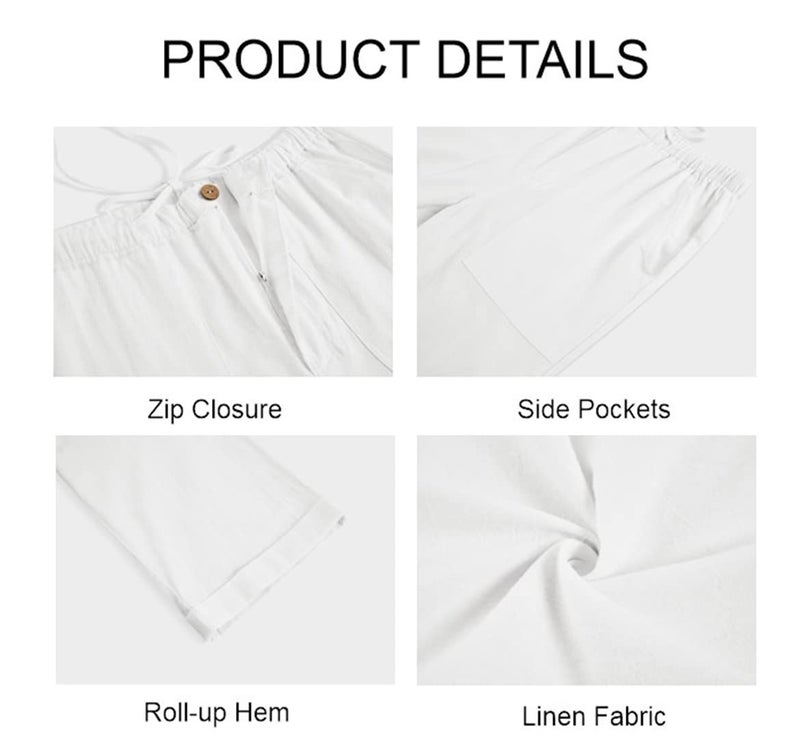 Gafeng Mens Linen Pants Yoga Beach Loose Fit Casual Summer Elastic Waist Drawstring Baggy Trousers with Pockets White - Image 4