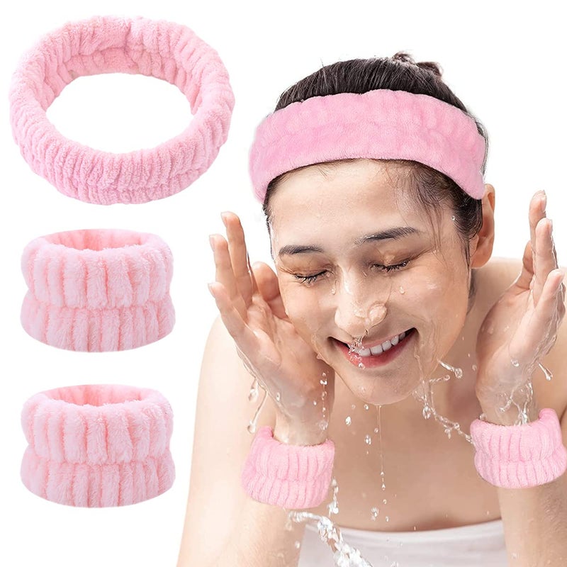 M'AYCREATE ® 3Pcs Face Washing Headband Wristband Combo Kit, Microfiber Absorbent Hairband Wrist Wash Band Towel for Women Girls for Skincare Makeup Yoga Sport (Pink) - Image 1