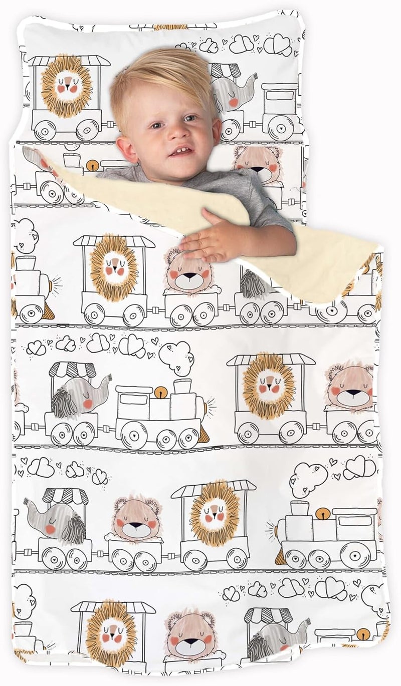 JumpOff Jo Toddler Nap Mat with Removable Pillow and Ultra Soft Blanket - Zoo Train Design - Image 1