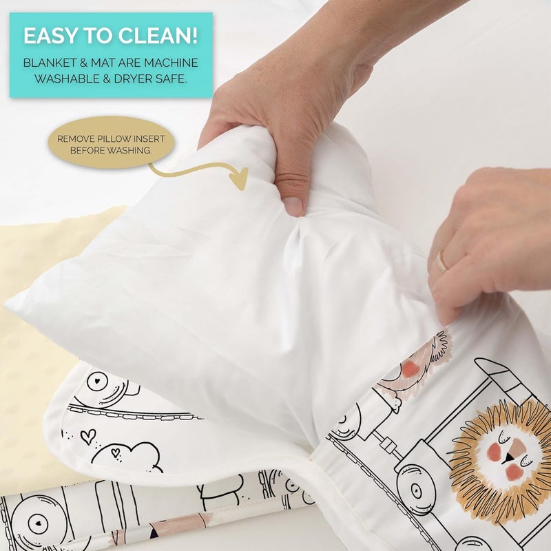 JumpOff Jo Toddler Nap Mat with Removable Pillow and Ultra Soft Blanket - Zoo Train Design - Image 4