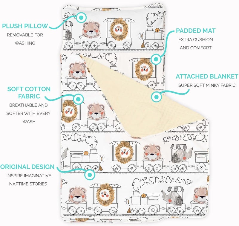 JumpOff Jo Toddler Nap Mat with Removable Pillow and Ultra Soft Blanket - Zoo Train Design - Image 2