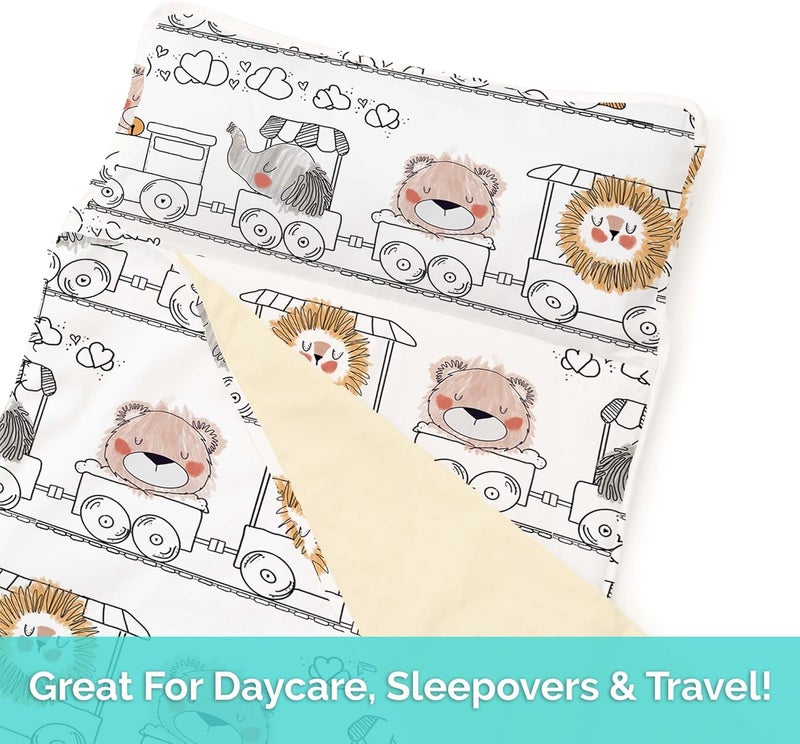 JumpOff Jo Toddler Nap Mat with Removable Pillow and Ultra Soft Blanket - Zoo Train Design - Image 5