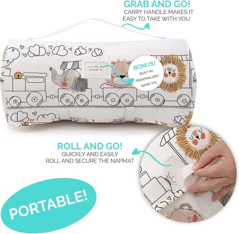 JumpOff Jo Toddler Nap Mat with Removable Pillow and Ultra Soft Blanket - Zoo Train Design - Image 3