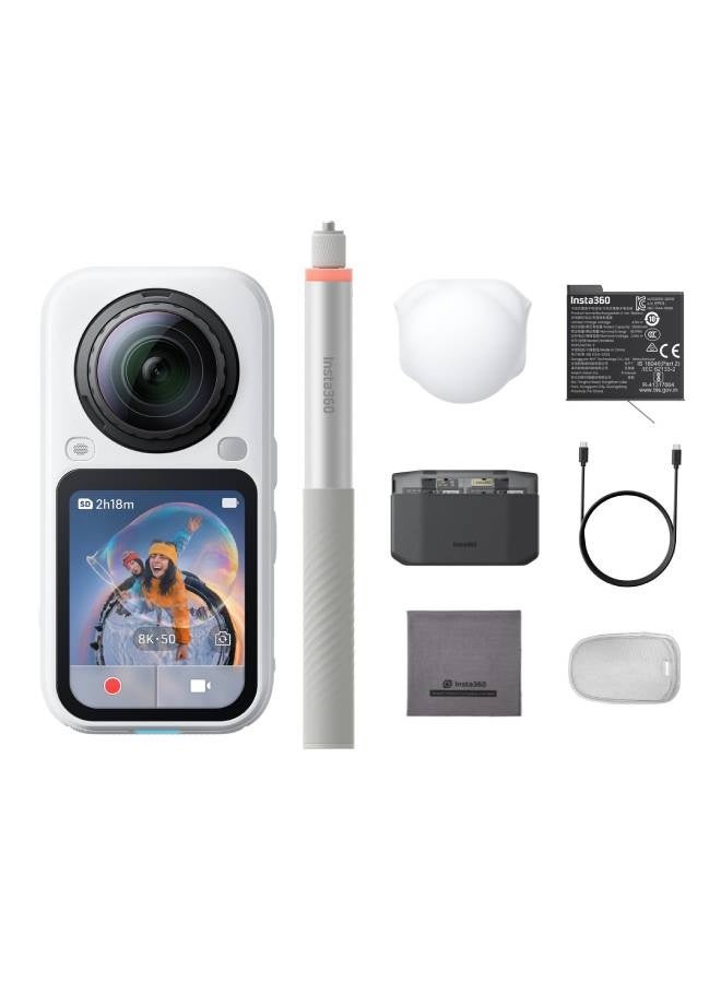 انستا 360 X6 360 Camera Essentials Bundle | 8K Camera + 2x Extreme Batteries + 114cm Invisible Sefie Stick + Lens Cap + Fast Charge Case + Pouch + USB-C Cable + Exteneded Warranty - Arctic White - Image 1