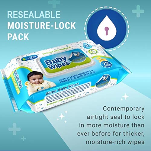 Glider Baby Wipes - with Moisture Lock Flip-Top, Contains Aloe Vera & Vitmain E, pH balanced with No Parabens & Chlorine (Pack of 2 (144 Wipes)) - Image 5