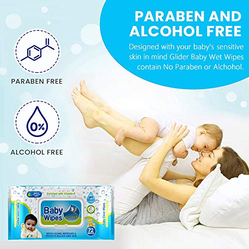 Glider Baby Wipes - with Moisture Lock Flip-Top, Contains Aloe Vera & Vitmain E, pH balanced with No Parabens & Chlorine (Pack of 2 (144 Wipes)) - Image 4