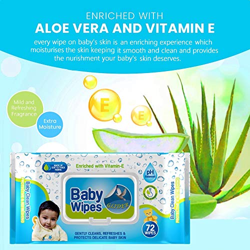 Glider Baby Wipes - with Moisture Lock Flip-Top, Contains Aloe Vera & Vitmain E, pH balanced with No Parabens & Chlorine (Pack of 2 (144 Wipes)) - Image 2