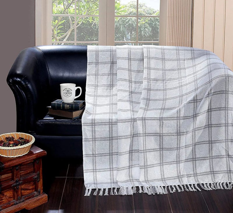 Homitecture Premium 125x150 cm Cotton Throw Blanket Soft Cozy Sofa and Couch Accent Trending Home Dcor for Extra Comfort Relaxation and Style White and Grey Check - Image 1