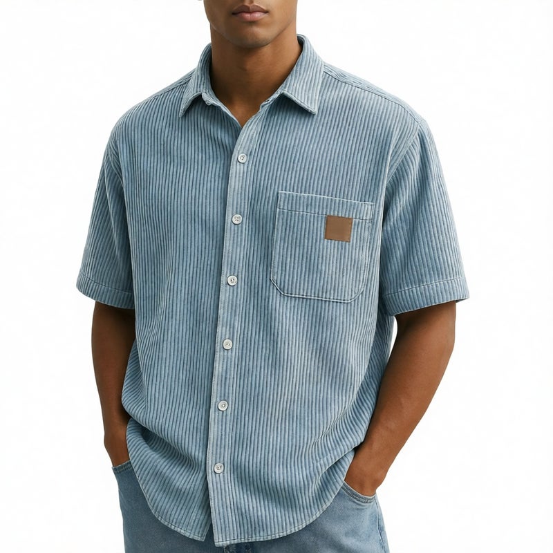 Men's Vintage Casual Corduroy Short Sleeve Shirt with Leather Label Patch Pocket