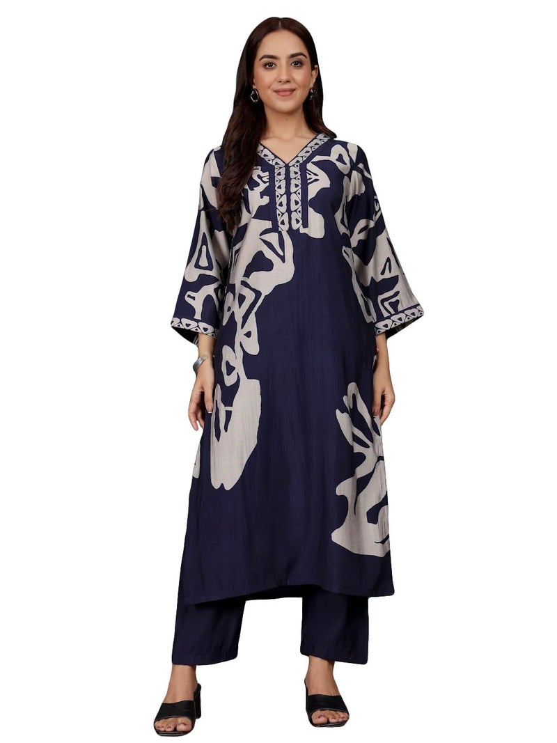 Varanga Women Abstract Printed V Neck Flared Sleeve Kurta with Trouser - Image 1