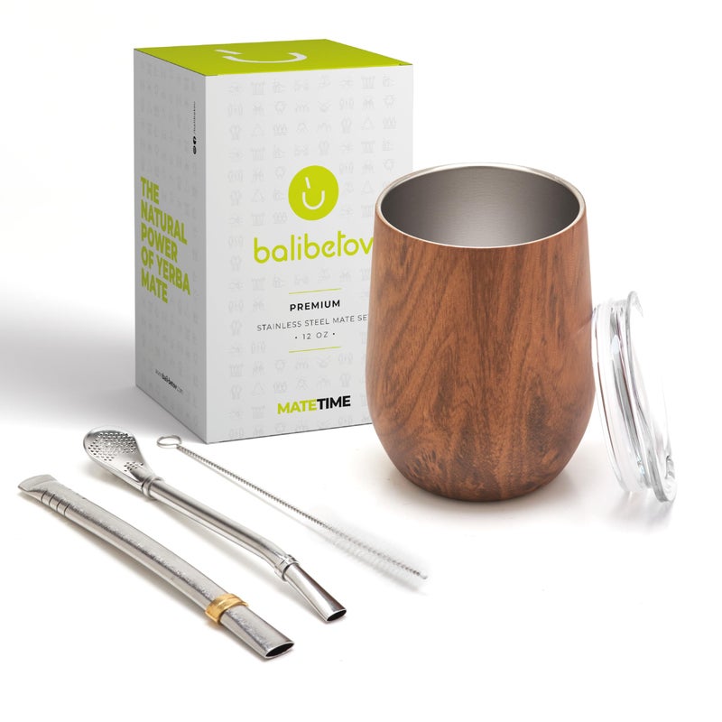 BALIBETOV Premium Stainless Steel Yerba Mate Gourd Set, 5 Pcs Including 12 oz Gourd with Lid, 2 Bombillas, Cleaning Brush | BPA Free, Insulated - Image 2