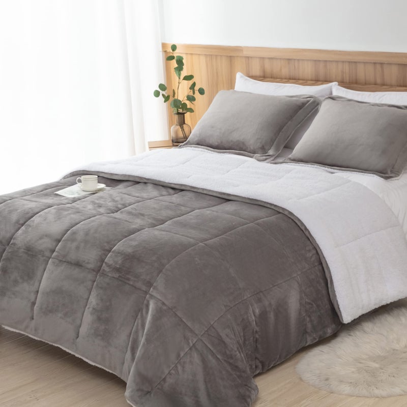 Seward Park Ultra Soft Sherpa Comforter Set Full Queen Fall Winter All Season Down Alternative Bedding Sets Grey 3 Piece 1 Comforter and 2 Pillow Shams