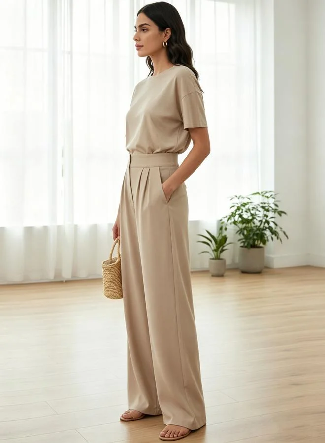 Take Two Beige Solid High-Waist Wide-Leg Pleated Trousers