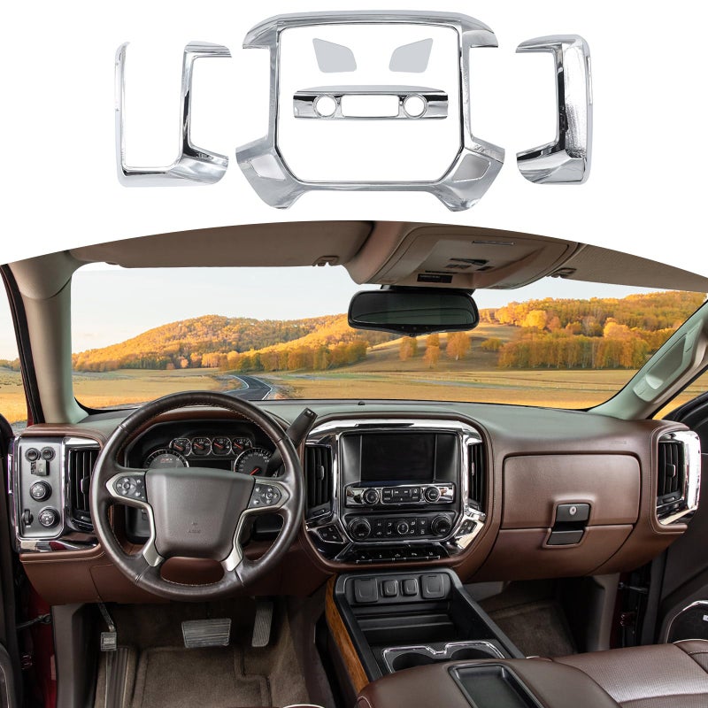 RTTCZ for Silverado Dashboard Panel Trim Cover Chrome Bezel for GMC Sierra Chevy Silverado 20142017 Silver Chrome Interior Accessories 4pcs