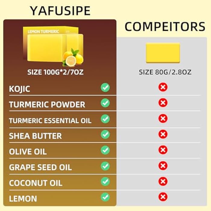 YAFUSIPE Lemon Turmeric Kojic Acid Soap Bar, Turmeric Soap for Face Body Hands, Deep Cleansing Natural Curcuma Bath Soaps Bar, Moisturizing Facial Cleanser Body Wash for All Skin Types Blemish 2 Bars - Image 5