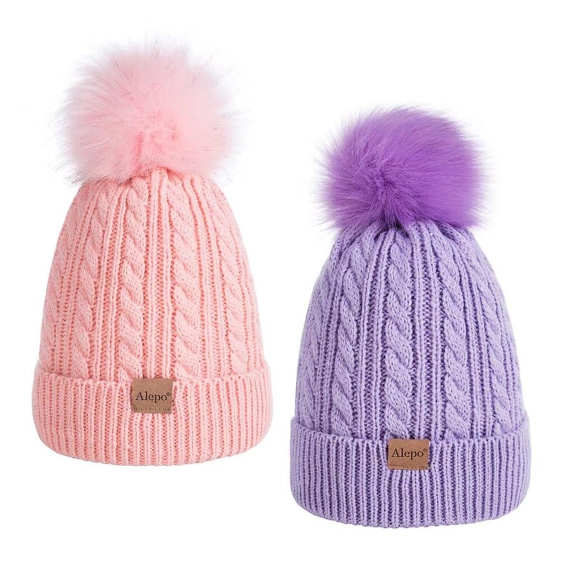 Alepo Kids Winter Beanie Hat, Children's Warm Fleece Lined Knit Thick Ski Cap with Pom Pom for Boys Girls (Pink&Purple) - Image 1
