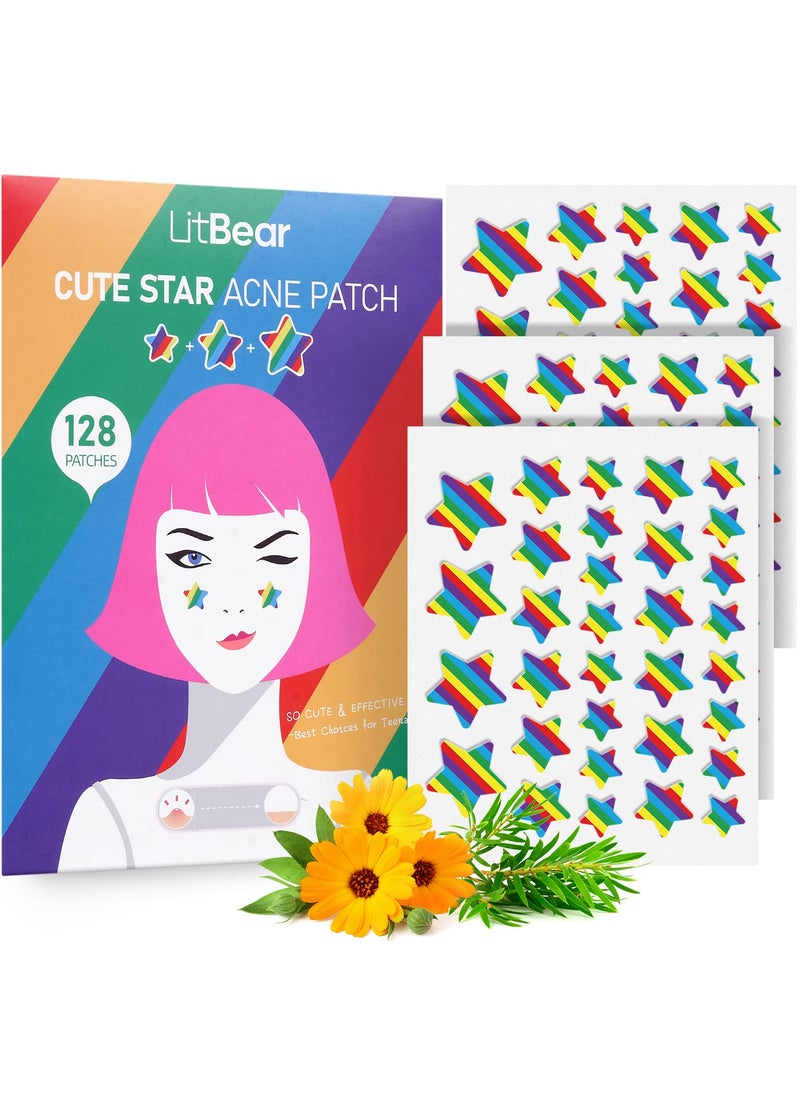 LitBear LitBear Acne Patch Pimple Patch Rainbow Star Shaped Acne Absorbing Cover Patch Hydrocolloid Acne Patches For Face Zit Patch Acne Dots Tea Tree Oil  Centella 128 Patches 18mm 14mm  10mm 
