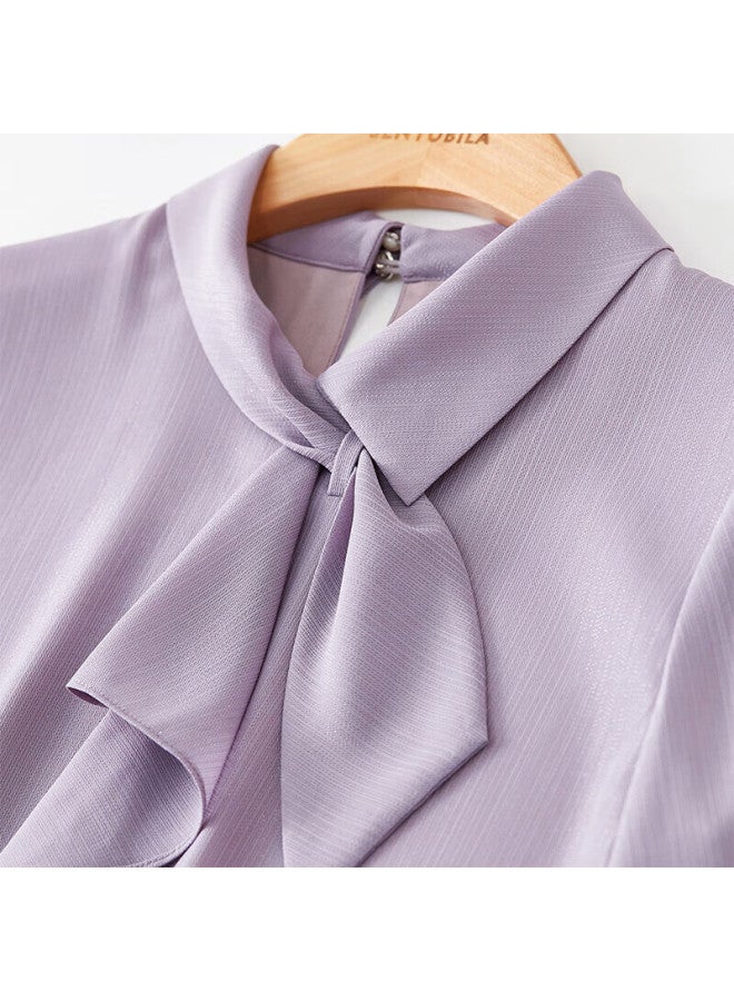 Sentubila Elegant, Sophisticated, Fashionable Ribbon Collar Blouse, Women's Long-sleeve Chiffon Shirt, Versatile Commuter Top, Purple, L - Image 4