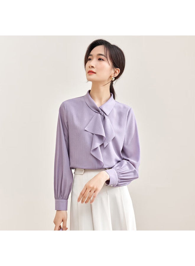Sentubila Elegant, Sophisticated, Fashionable Ribbon Collar Blouse, Women's Long-sleeve Chiffon Shirt, Versatile Commuter Top, Purple, L - Image 1
