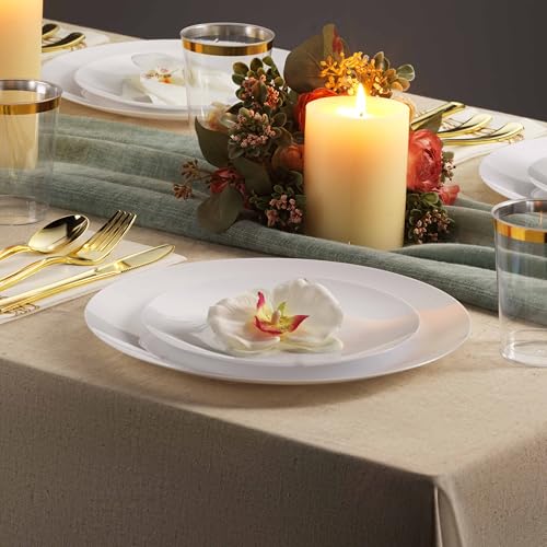 Munfix 100 White Plastic Plates Set, 50 Pcs 10.25 Inch Dinner and 50 Pcs 7.5 Inch Plastic Dessert Plates, Elegant Fancy Heavy Duty Disposable Plates for Party, Wedding, White - Image 3