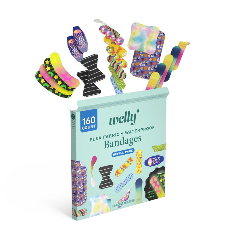 Welly Bandage Large Refill Pack | Adhesive Flexible Fabric, Glow-in-The-Dark & Waterproof Bandages | Assorted Shapes and Patterns for Minor Cuts, Scrapes, and Wounds - 160 Count - Image 3