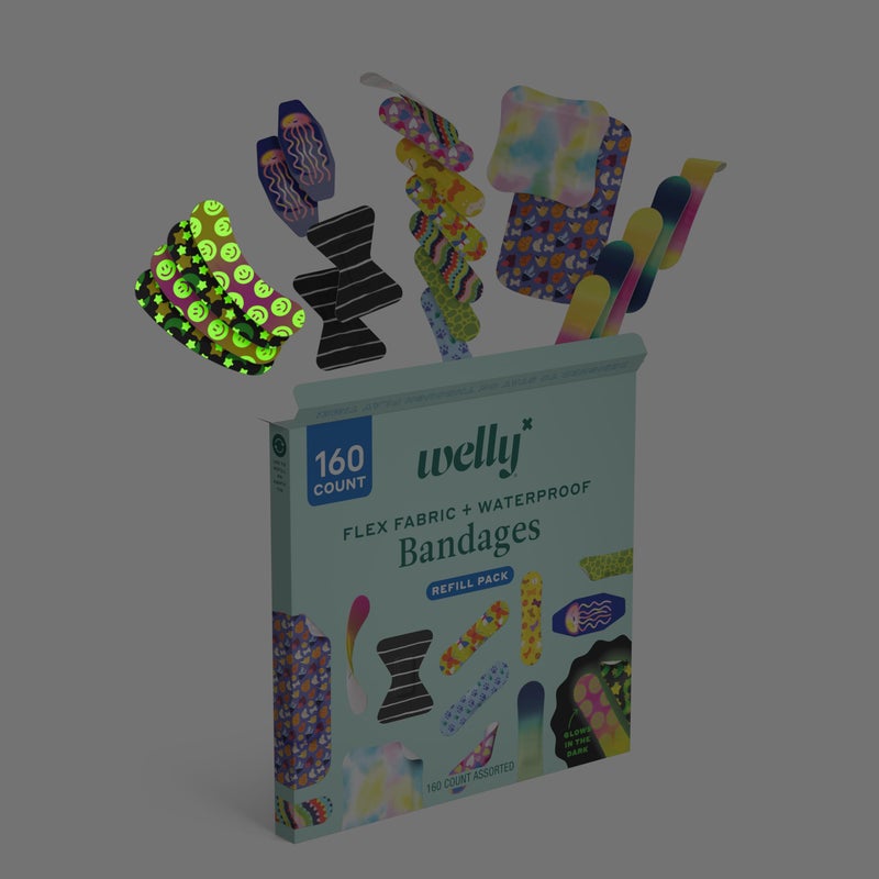 Welly Bandage Large Refill Pack | Adhesive Flexible Fabric, Glow-in-The-Dark & Waterproof Bandages | Assorted Shapes and Patterns for Minor Cuts, Scrapes, and Wounds - 160 Count - Image 4